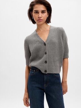 GAP CashSoft Puff Sleeve Cardigan in Gray Heather Size S